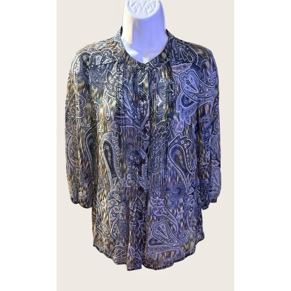 Liz Claiborne Small S Paisley Pintuck Button Front Blouse Top Boho Chic